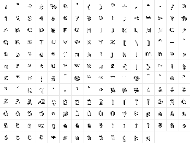 Drummon 3D Regular  glyph index