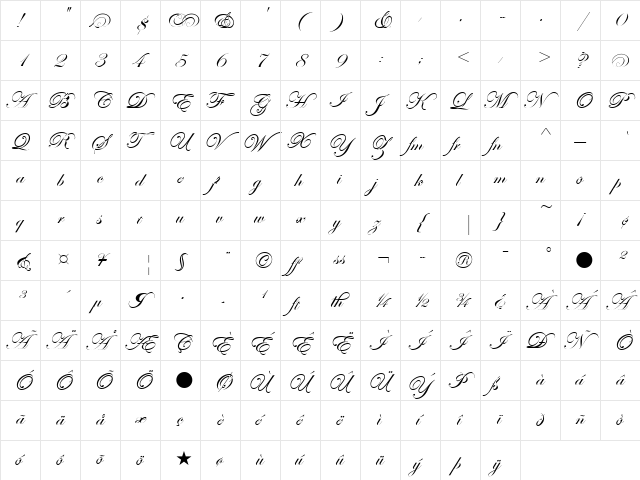 Edwardian Script ITC Regular  glyph index