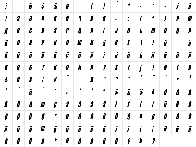 EAST-west Laser Italic Italic  glyph index