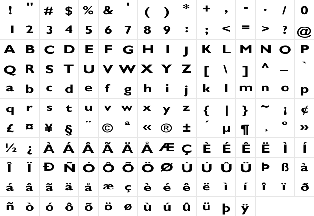 GillSans-Bold Wd Regular  glyph index