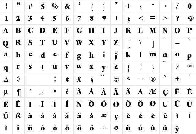 Quarto Bold  glyph index