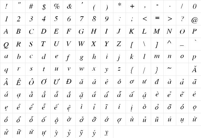 .VnTime Italic  glyph index