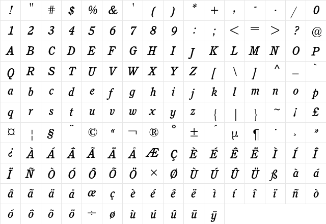 Cushing BQ Regular  glyph index