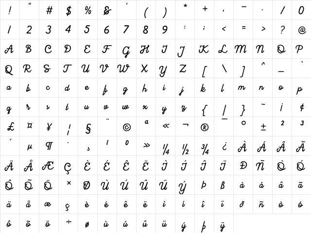 Hearttaker Regular  glyph index