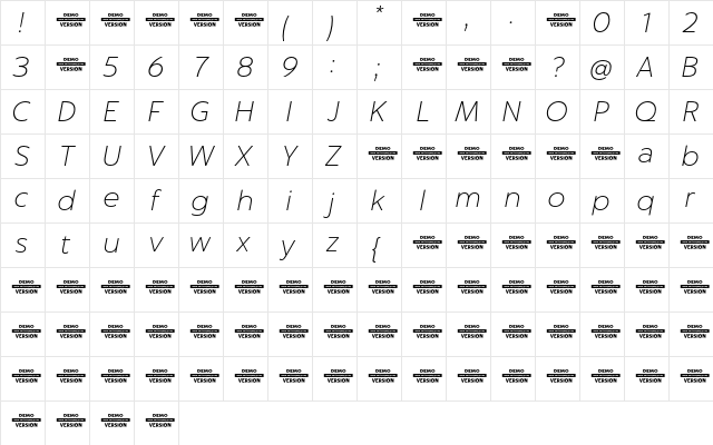 Captura Thin Italic Demo  glyph index