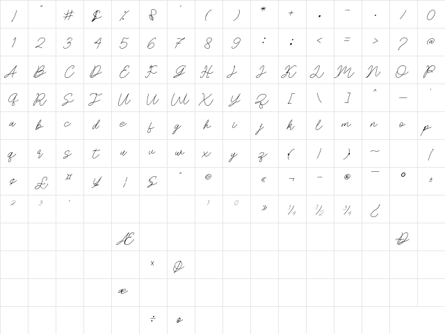 Beatherlove Regular  glyph index