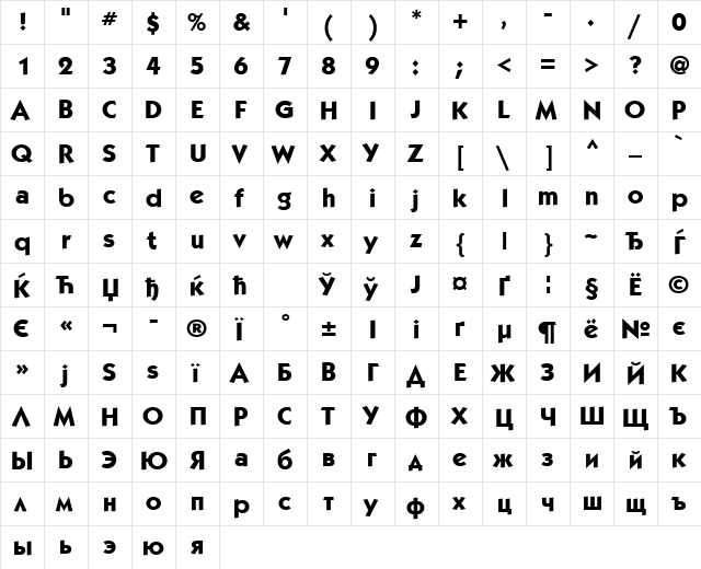 KabelCTT Medium Bold  glyph index