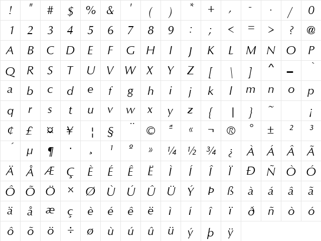 Optimum Italic  glyph index