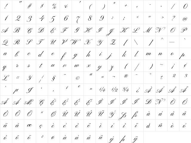 Pinyon Script Regular  glyph index