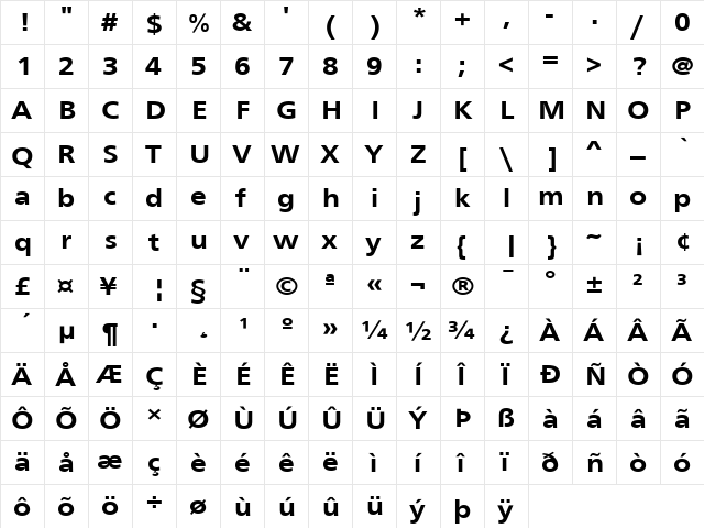 FrutigerExt Bold  glyph index