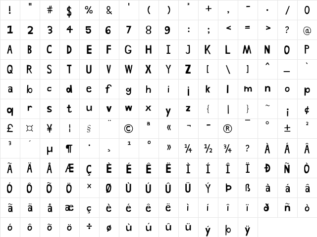 Hand Drawn Shapes Regular  glyph index