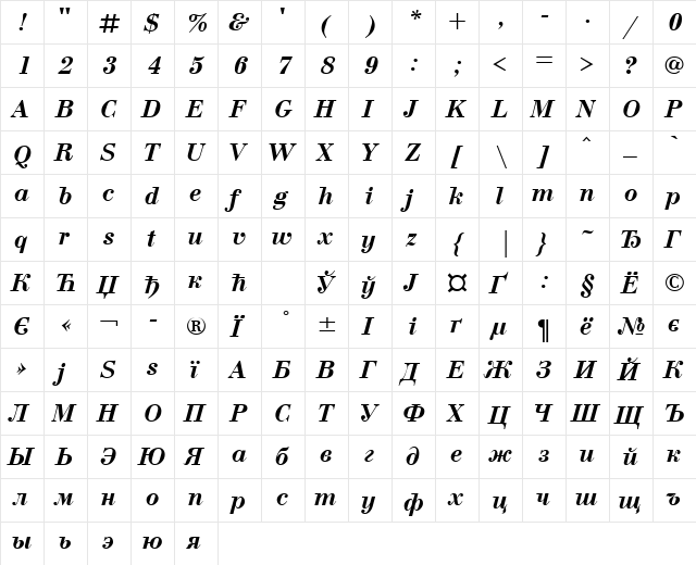 BodoniCTT BoldItalic  glyph index