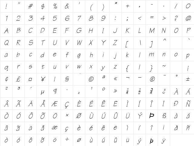 Tek Bold Italic  glyph index