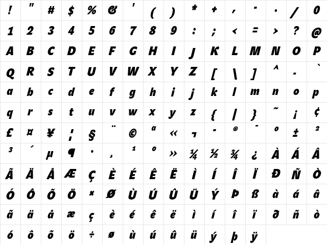 JohnSansCond Heavy Pro Bold Italic  glyph index