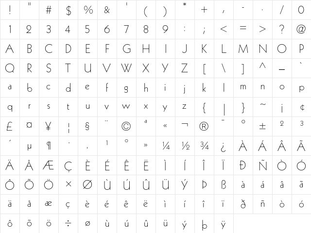 Kabel Light  glyph index