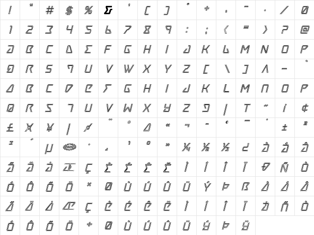 Tracer Engraved Italic Italic  glyph index