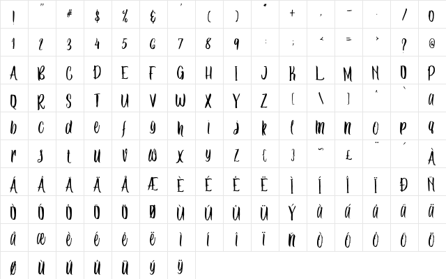 Ballada duo Regular  glyph index