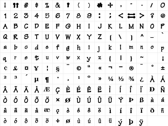 FeltPointNew35 Bold  glyph index