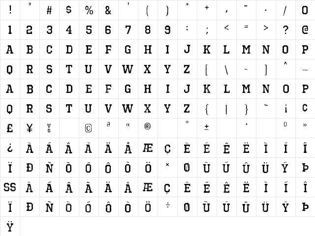 Octin Vintage B Bold  glyph index