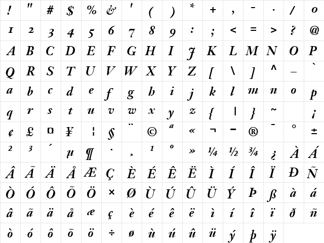 JansonOSSSK Bold  glyph index