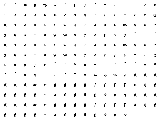 Wicker Man Warped Italic Italic  glyph index