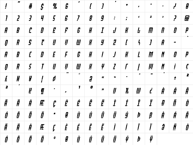 Peace & Houston Laser Italic Regular  glyph index