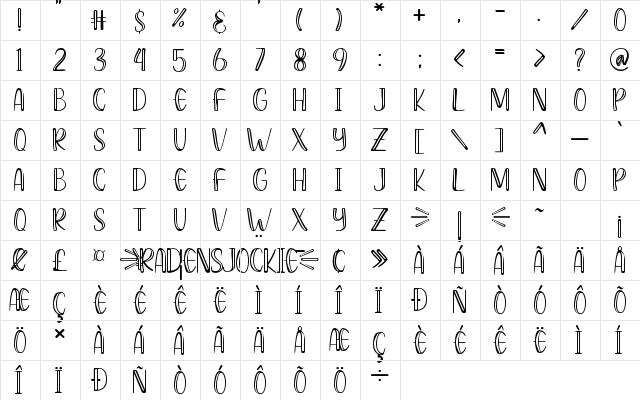 Radens Jockie Regular  glyph index