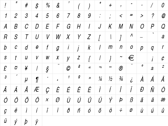 AlpsThin Italic  glyph index