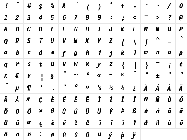 LetterGothicMono BoldItalic  glyph index