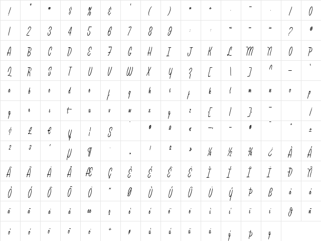 Leisure Script Regular  glyph index