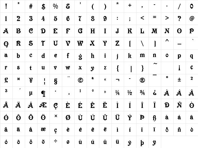 VictorianD Regular  glyph index