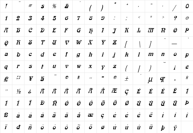 Bockloo Italic  glyph index