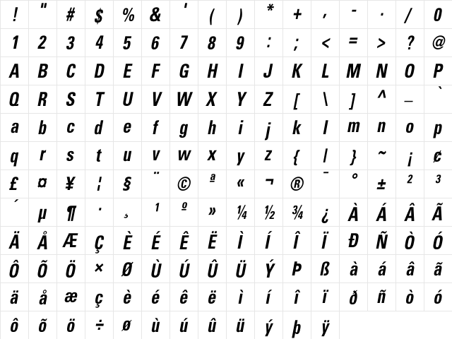 Beetham CondensedBoldOblique  glyph index