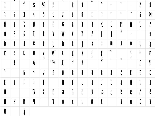 DN Titling Regular  glyph index