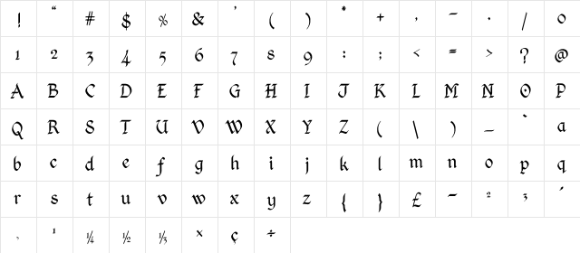 Kingthings Calligraphica Light Light  glyph index