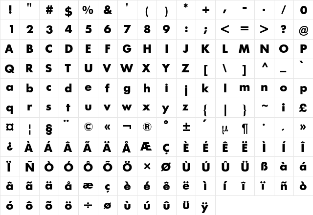 Futura BQ Regular  glyph index