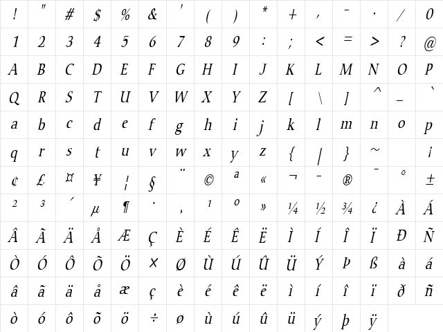 Carmine-Condensed Italic  glyph index