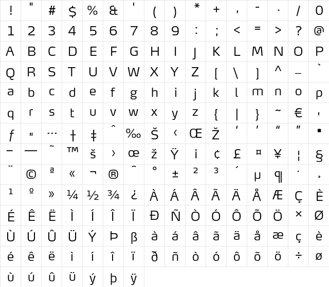 MaxTF-Light Regular  glyph index