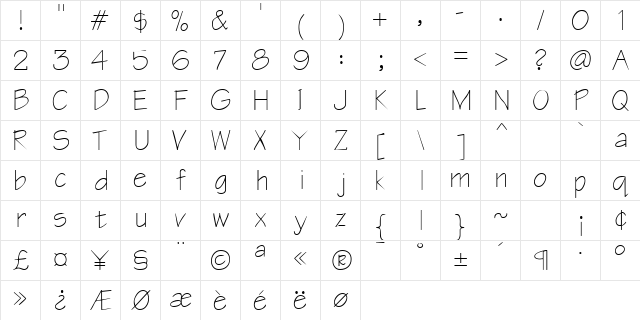 Blue Print 2 Regular  glyph index