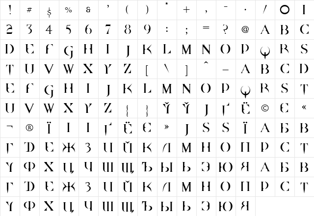 Quake Cyr Regular  glyph index