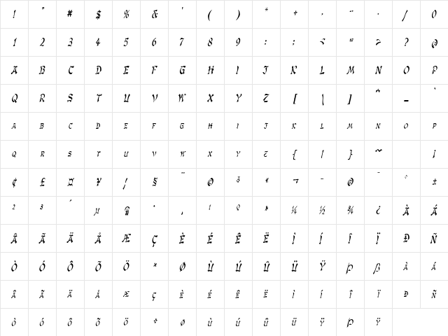 GengisKahnCondensed Italic  glyph index