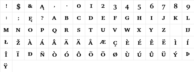 Charter BdSmCap BT Bold Small Cap  glyph index