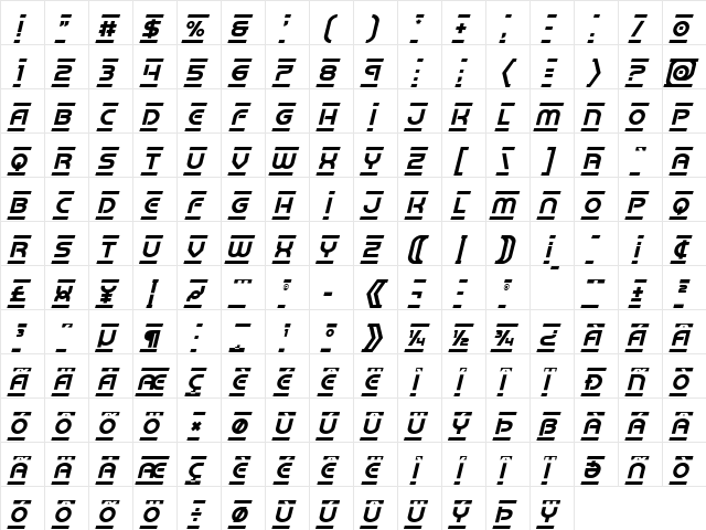 Barcade Italic Italic  glyph index