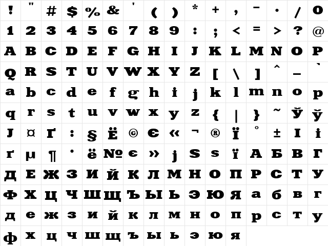 UkrainianXeniaExtended Bold  glyph index