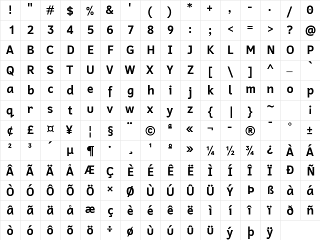 Cadman Bold  glyph index