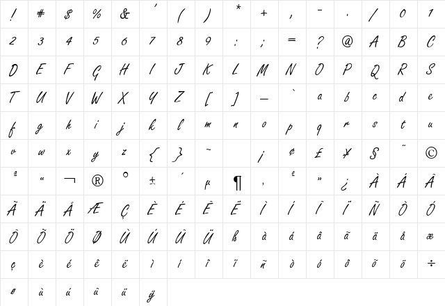 FreshhandDB Normal  glyph index