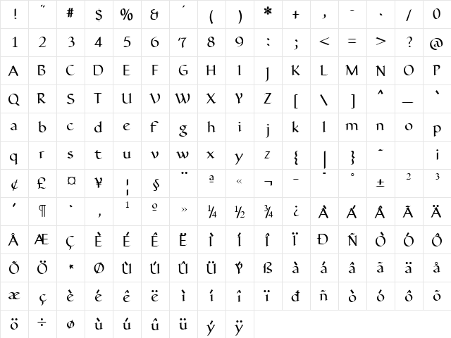 Hermainita Bold  glyph index
