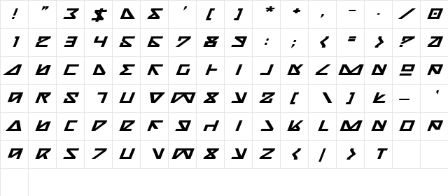 Nick Turbo Bold Expanded Italic Bold ExpandedItalic  glyph index