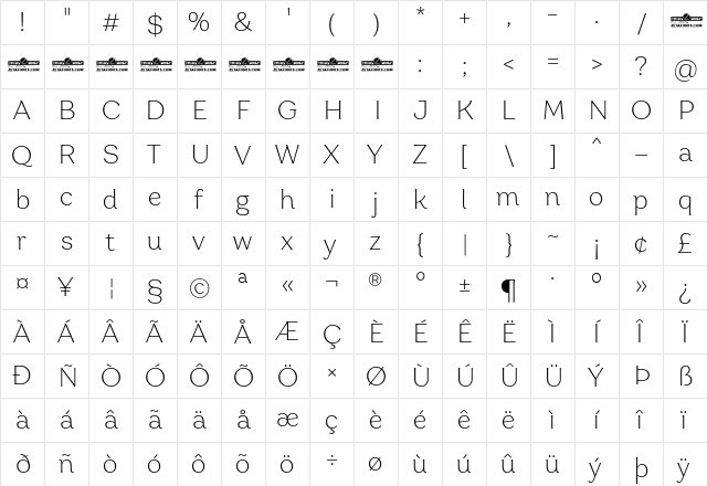 Garbata Trial Extralight  glyph index