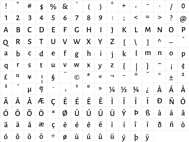 Luna Semi Bold Regular  glyph index